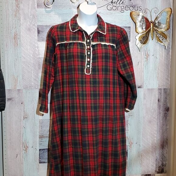 Sleep Sense Portuguese Flannel Red Plaid Long Gown Sz L - Picture 1 of 8